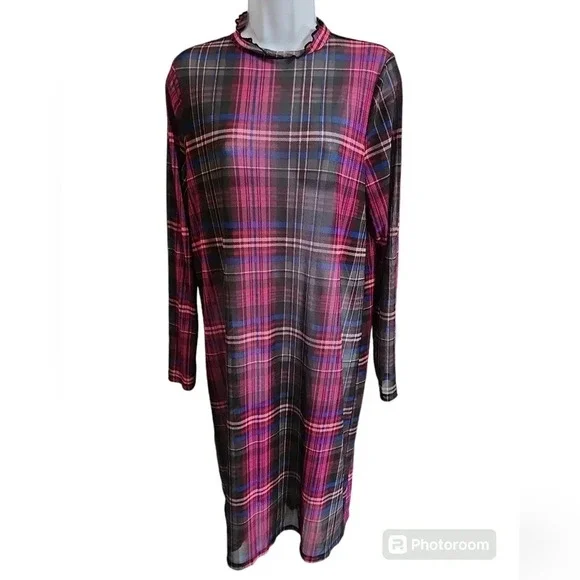 Torrid Size 0 Women's Large 12 Purple Plaid Mock Neck Sheer Chiffon Grunge Dress - Picture 2 of 7